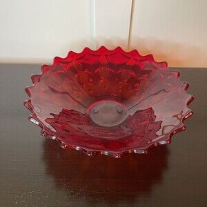 FOSTORIA Red Holly Large Glass Bowl Footed Centerpiece